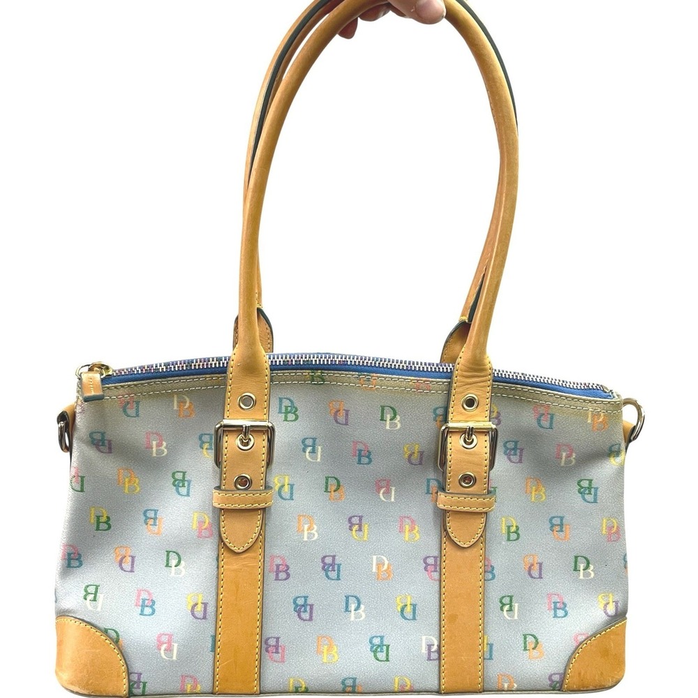 Dooney & Bourke‎ It Bag Rainbow Monogram Blue Coated Canvas Satchel Leather Trim